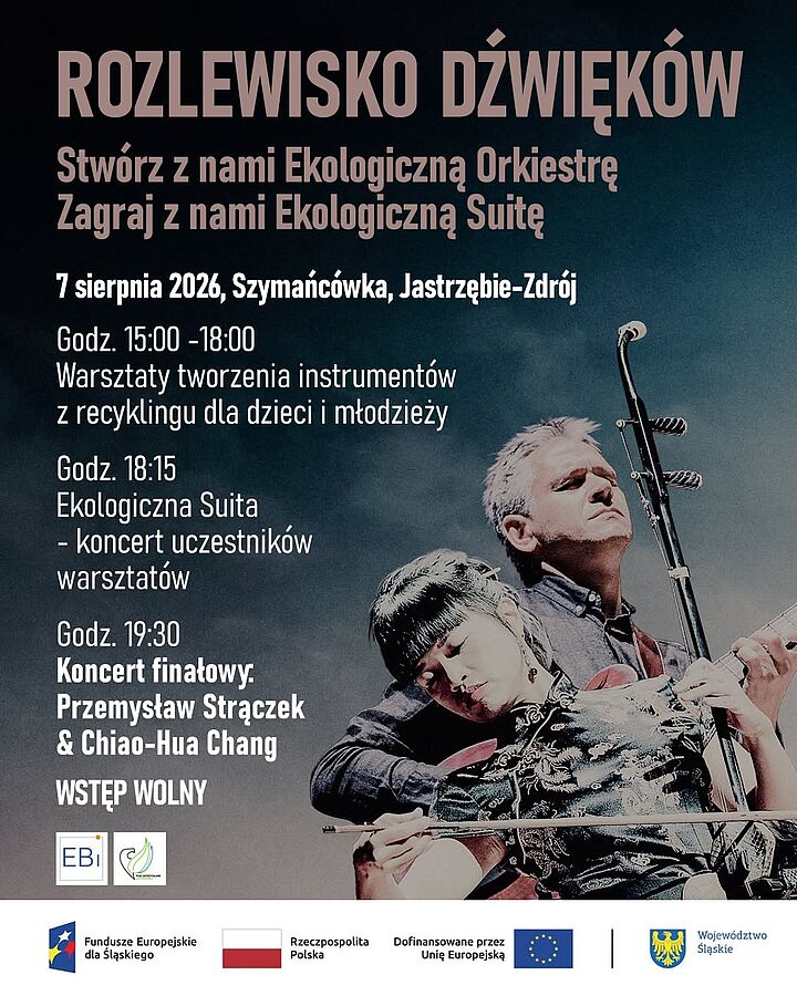 Na dole plakatu znajdują się logotypy partnerów i sponsorów: EBi, Pod Skrzydłami, Fundusze Europejskie dla Śląskiego, Rzeczpospolita Polska, Dofinansowane przez Unię Europejską oraz Województwo Śląskie