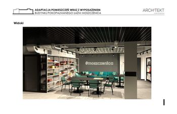 projekt sali w Łaxni Moszczenica z szafkami, stołami i krzesłami w kolorach zieleni i szarości