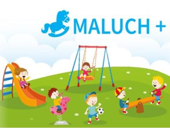 Grafika programu Maluch+ z rysunkami dzieci bawiących się na placu zabaw