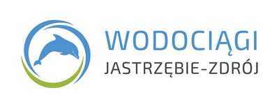 Niebiesko-zielone logo z delfinem i napis: Wodociągi Jastrzębie-Zdrój.