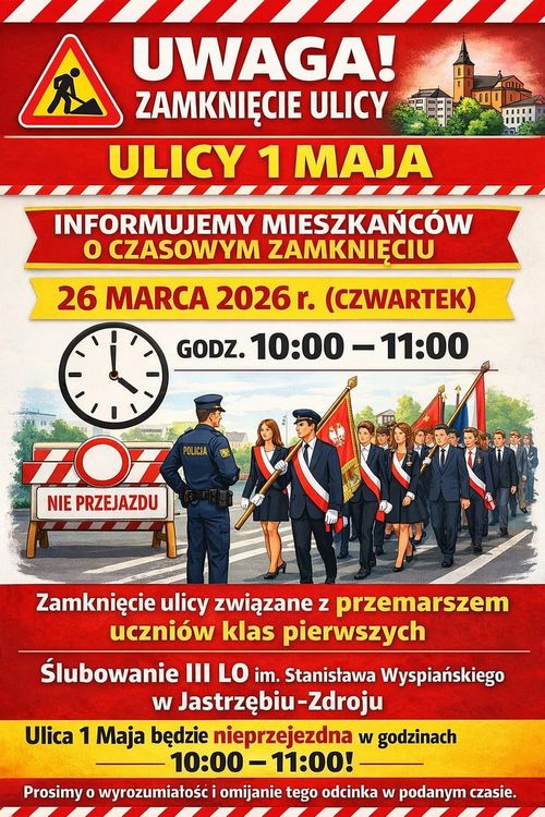 plakat w czerwono-żółtych barwach przedstawiający grupę maszerujących pocztów sztandarowych