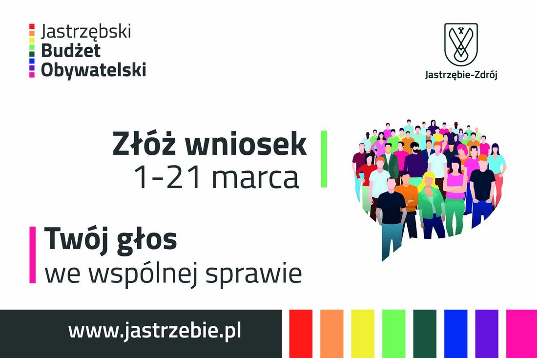 grafika przedstawia kolorowy napis Jastrzebski Budżet Obywatelski oraz grupkę postaci ludzkich wraz z logo miasta