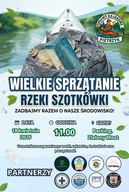 Akcja „Wielkie Sprzątanie rzeki Szotkówki”. Zdjęcie worka z odpadami na dziobie kajaka. Data: 18 kwietnia 2026, godz. 11:00. Miejsce zbiórki: Parking przy Zielonym Moście. Zapewnione worki i rękawice