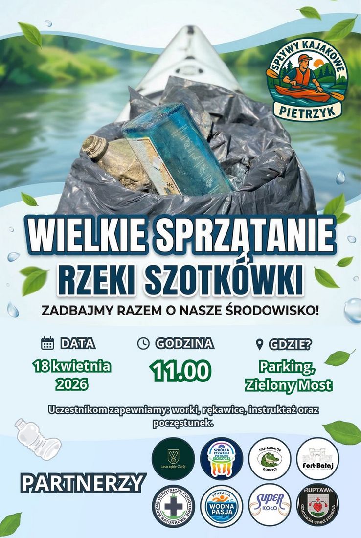 na plakacie worek pełen smieci. Na dole logotypy: Wodne Ochotnicze Pogotowie Ratunkowe, Fundacja Wodna Pasja, Super Koło, Ruptawa Ochotnicza Straż Pożarna