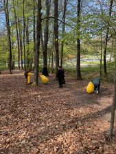 Ludzie z workami na śmieci sprzątający las