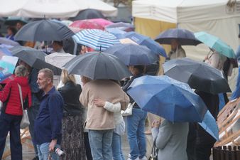 Publiczność schowana pod parasolami