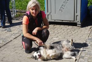Zawodniczka, głaszcząca psa