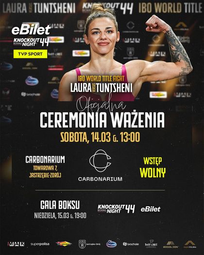 Plakat oficjalnej ceremonii ważenia przed galą Knockout Boxing Night 44. Sobota 14.03, godz. 13:00 w Carbonarium (ul. Towarowa 7, Jastrzębie-Zdrój). Wstęp wolny. Na zdjęciu uśmiechnięta Laura Grzyb napinająca biceps