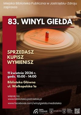 Winyl Giełda w Jastrzębiu-Zdroju, 11 kwietnia 2026 r., 10:00-14:00, Biblioteka Główna (ul. Wielkopolska 1a). Sprzedasz, kupisz, wymienisz. W tle płyta winylowa. Logo: Radio Przystanek, Miasto Jastrzębie-Zdrój, Miejska Biblioteka Publiczna