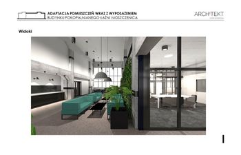 pomieszczenie podzielone szklana ścianą zielone kanapy wiszące szare lampy