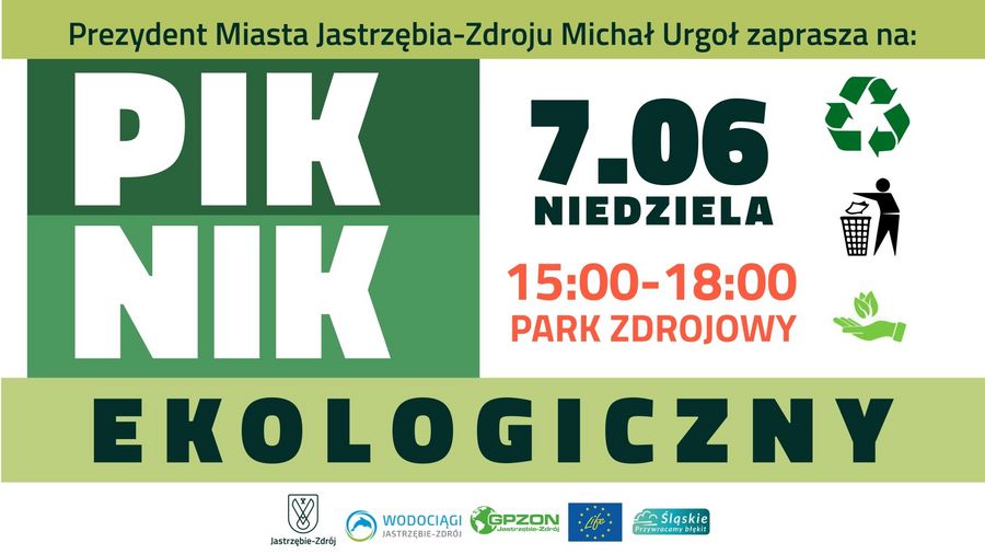 Plakat piknik ekologiczny 7 czerwca w parku zdrojowym