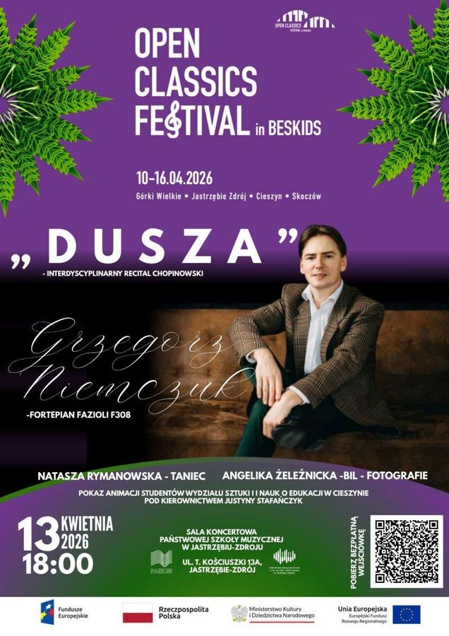 „Dusza” – interdyscyplinarny recital chopinowski Grzegorza Niemczuka. 13 kwietnia 2026 r., godz. 18:00, Sala Koncertowa Szkoły Muzycznej w Jastrzębiu-Zdroju. Na fioletowym tle artysta w garniturze. Darmowe wejściówki przez kod QR