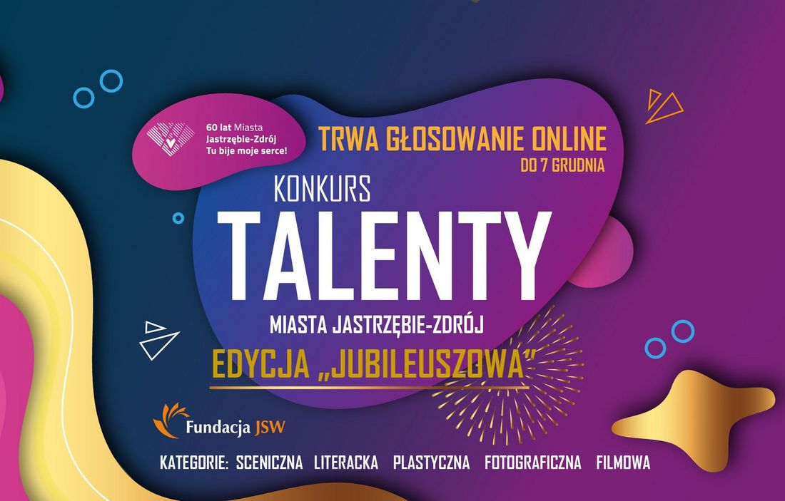 Zdjęcie przedstawia grafikę informującą o trwającym głosowaniu w ramach konkursu "Talenty Miasta Jastrzębie-Zdrój".