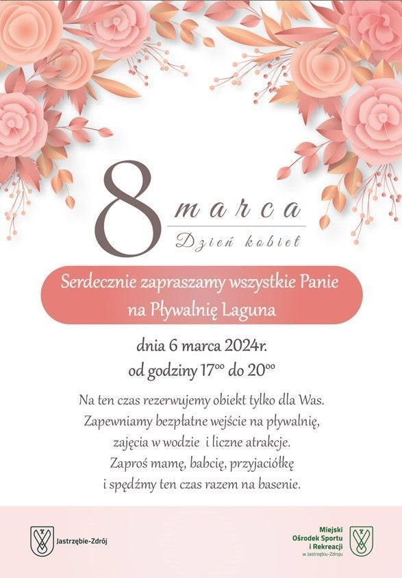Zdjęcie przedstawia plakat zapowiadający dzień kobiet na Pływalni Laguna