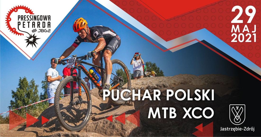 Plakat z rowerzystą i napisem Puchar Poslki MTB XCO