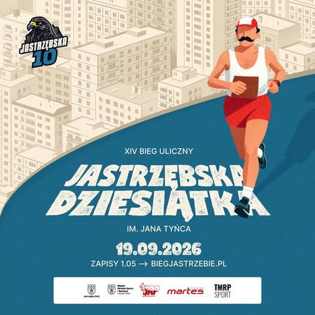XIV Biegu Ulicznego Jastrzębska Dziesiątka. Data: 19.09.2026. Zapisy od 1.05 na biegjastrzebie.pl. Ilustracja biegacza na tle osiedla i logo z jastrzębiem