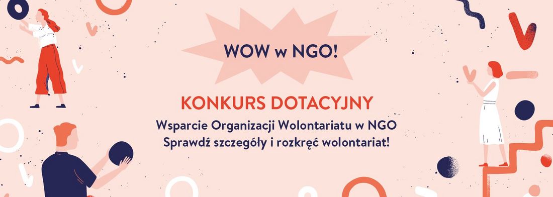 „WOW w NGO!”. Tekst: „Wsparcie Organizacji Wolontariatu w NGO. Sprawdź szczegóły i rozkręć wolontariat!”. Ilustracja przedstawia postacie układające kolorowe kształty na jasnym tle.