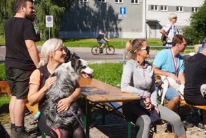 Zawodniczka z psem na rękach w strefie gastronomicznej