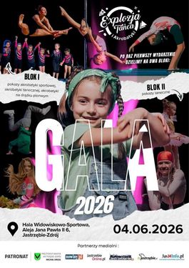 Plakat Gali Explozja Tańca i Akrobatyki 2026 w Jastrzębiu-Zdroju. Wydarzenie 4 czerwca podzielone na blok akrobatyczny i taneczny. Kolaż zdjęć występujących dzieci na ciemnym tle