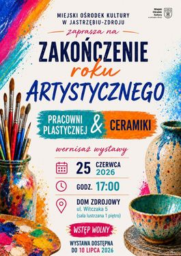 Miejski Ośrodek Kultury zaprasza na wernisaż wystawy Pracowni Plastycznej i Ceramiki. 25 czerwca 2026 r., godz. 17:00, Dom Zdrojowy (ul. Witczaka 5). Wstęp wolny. Wystawa czynna do 10 lipca. Grafika przedstawia pędzle i naczynia