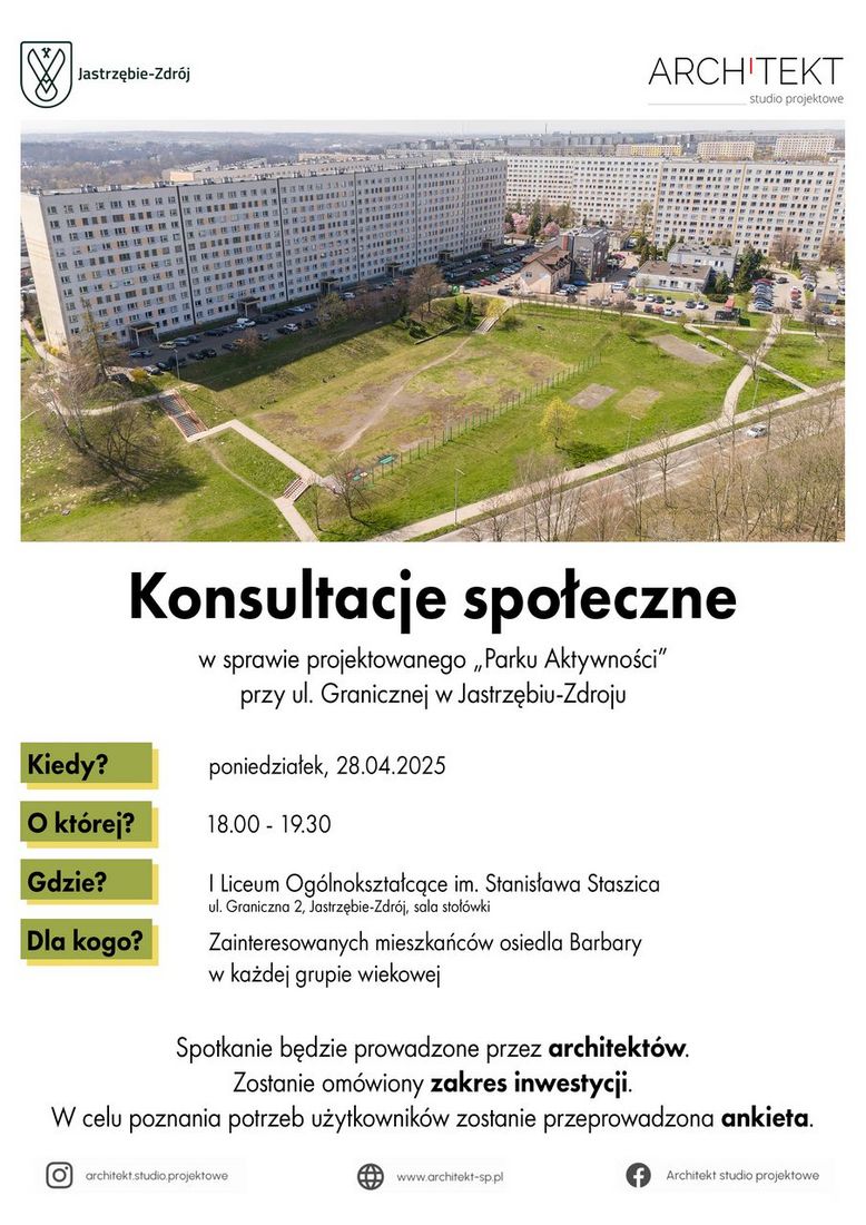 Obrazek przedstawia z lotu ptaka boisko na ul. Granicznej umieszczone sa informacje dotyczące terminu konsultacji