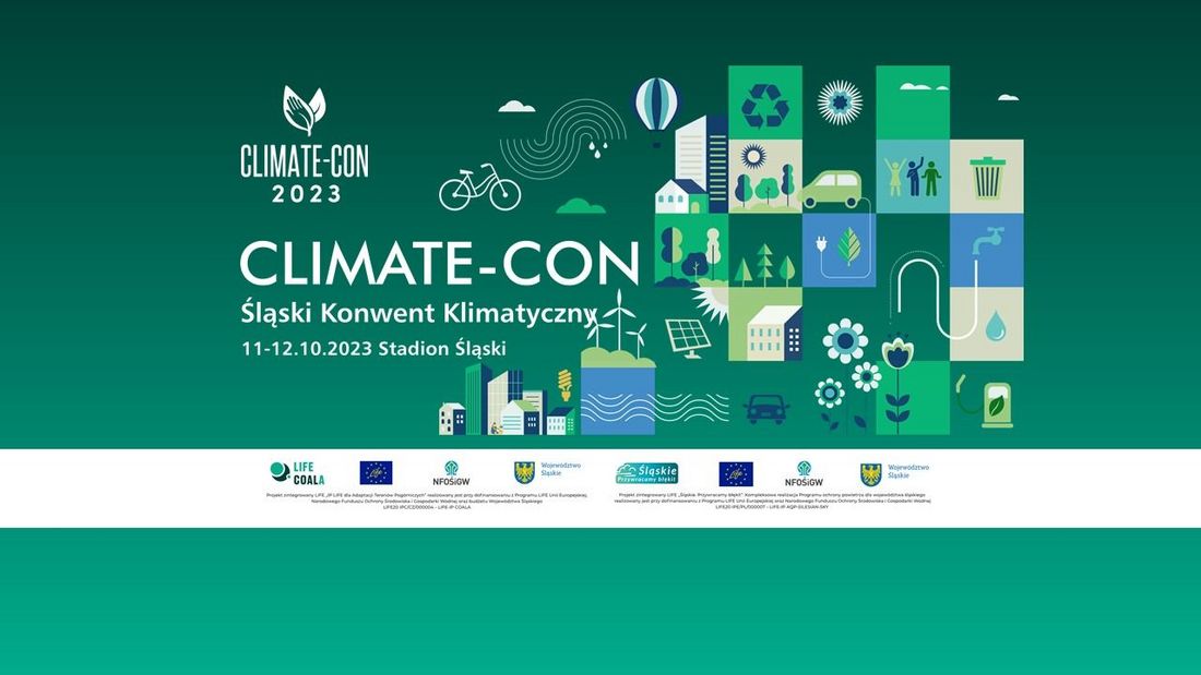 Plakat wydarzenia „Climate-Con 2023 – Śląski Konwent Klimatyczny”, odbywającego się 11–12 października 2023 roku na Stadionie Śląskim. Na zielonym tle widoczne są ilustracje symbolizujące ochronę klimatu i zrównoważony rozwój: miasto, drzewa, rower, energia odnawialna, recykling, woda, transport i natura. Na dole umieszczone są logotypy partnerów i instytucji