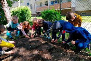 Dzieci sadzą nasiona w ogródku.