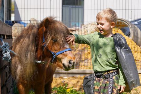 Chłopiec głaszczący kucyka