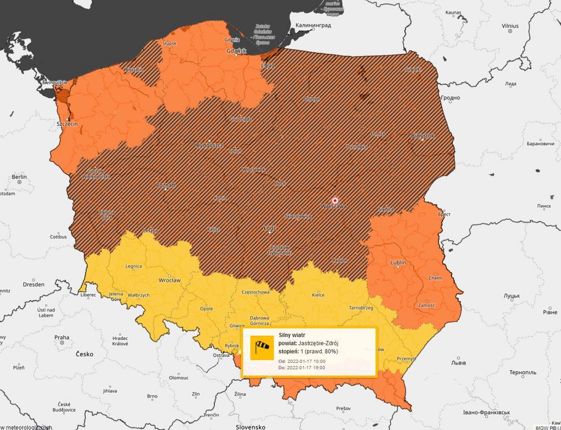 Mapa Polski z zaznaczonym ostrzeżeniem dla Jastrzębia-Zdroju