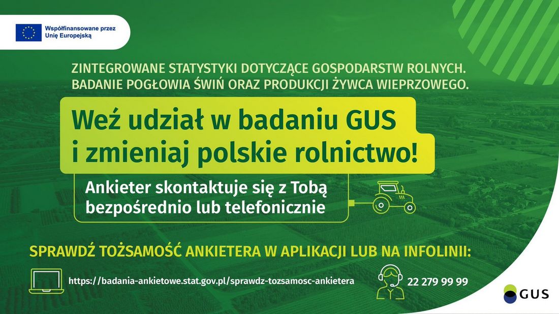 Grafika informacyjna GUS o badaniu rolniczym na zielonym tle pól. Tekst: „Weź udział w badaniu GUS i zmieniaj polskie rolnictwo!”