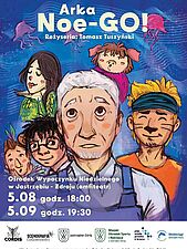 Plakat spektaklu „Arka Noe-GO!” w reżyserii Tomasza Tuszyńskiego. Rysunkowa grafika przedstawia postacie z kreskówek i meduzy na niebieskim tle. Wydarzenie odbędzie się w amfiteatrze Ośrodka Wypoczynku Niedzielnego w Jastrzębiu-Zdroju w dniach 5.08 o 18:00 oraz 5.09 o 19:30 
