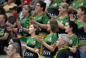 Kibice z klubu kibica na trybunach hali.