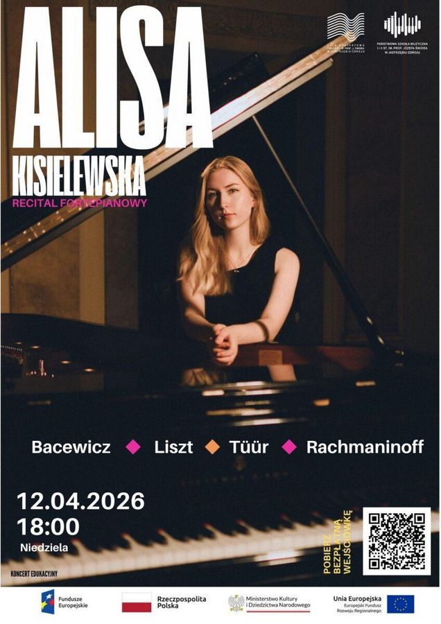 Zdjęcie pianisty przy instrumencie na scenie oraz logotypy m.in. Funduszy Europejskich i Ministerstwa Kultury. Wstęp wolny