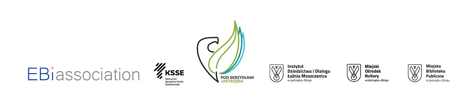 Logotypy partnerów: EBiassociation, Katowicka Specjalna Strefa Ekonomiczna (KSSE), Pod Skrzydłami Jastrzębia, Instytut Łaźnia Moszczenica, Miejski Ośrodek Kultury oraz Miejska Biblioteka Publiczna