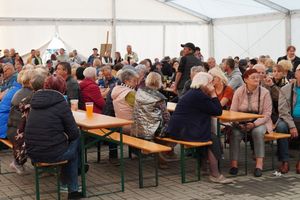Tłum ludzi siedzących przy stołach 
