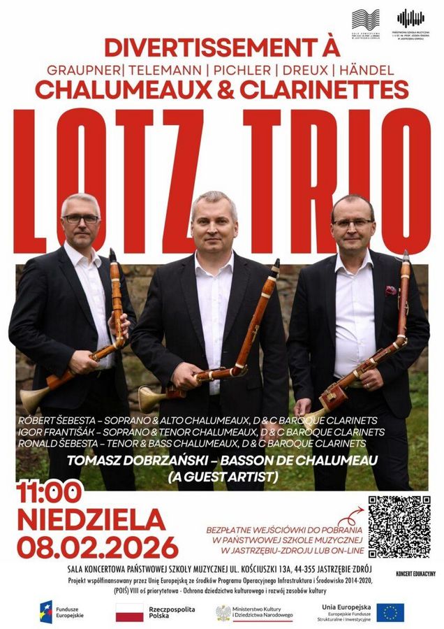 Plakat koncertu „Lotz Trio – Chalumeaux & Clarinets”. Na zdjęciu trzech muzyków trzymających instrumenty dęte. Informacje o repertuarze barokowym oraz wydarzeniu w niedzielę 8.02.2026 o godz. 11:00 w sali koncertowej szkoły muzycznej