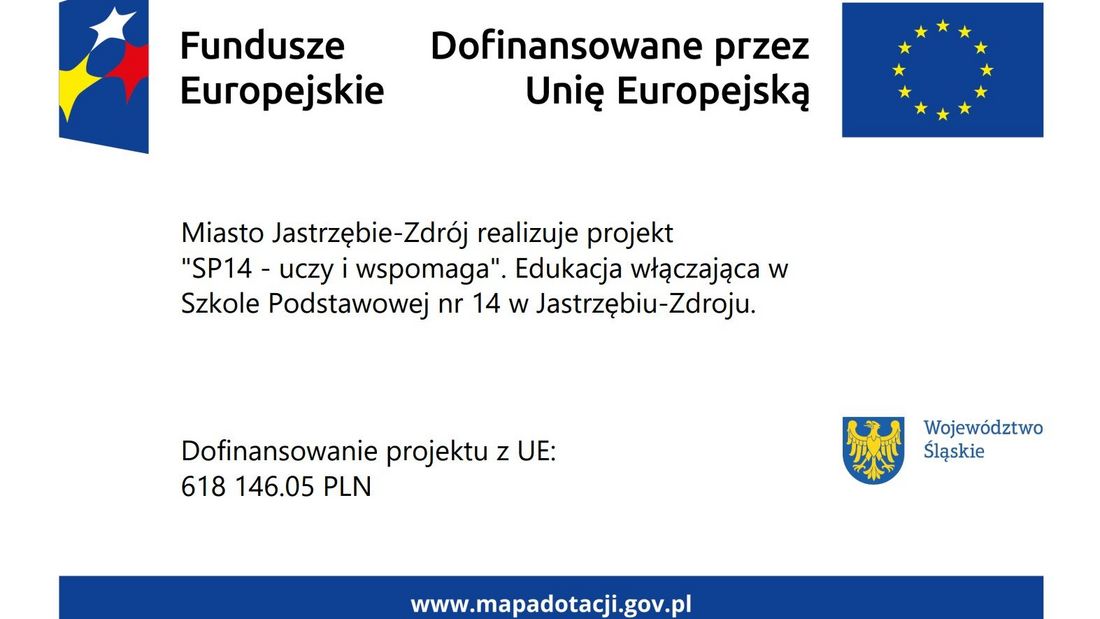 Tablica informacyjna projektu „SP14 – uczy i wspomaga”. Miasto Jastrzębie-Zdrój. Dofinansowanie z UE: 618 146,05 PLN. Logotypy Funduszy Europejskich, Unii Europejskiej i Województwa Śląskiego.