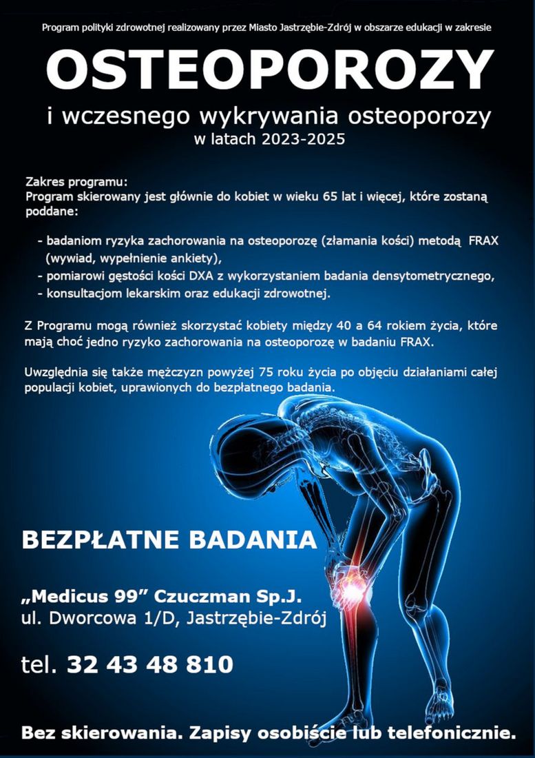Grafika przedstawia informcje o badaniach profilaktycznych na osteoporozę.