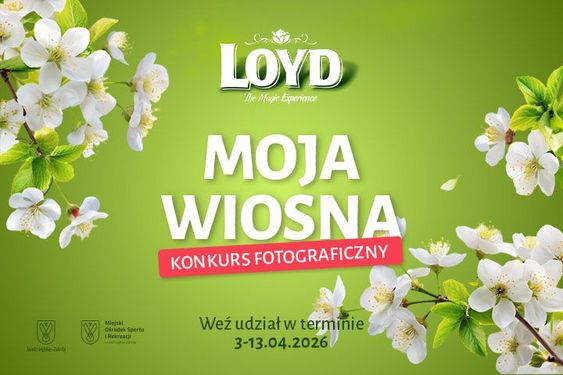 Grafika konkursu fotograficznego „Moja Wiosna” marki Loyd. Zielone tło z kwitnącymi białymi kwiatami. Termin zgłoszeń: 3–13.04.2026. Na dole logo Jastrzębia-Zdroju oraz Miejskiego Ośrodka Sportu i Rekreacji