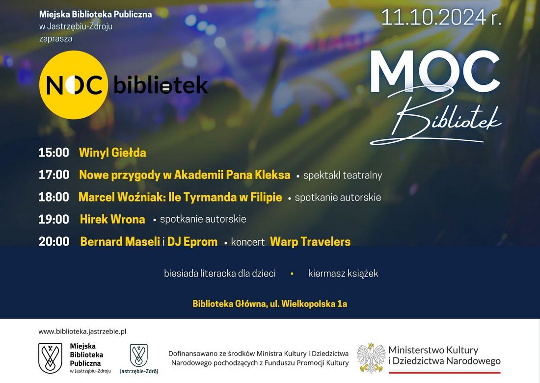 Plakat zachęca do wzięcia udziału w wydarzeniu X Noc Bibliotek.