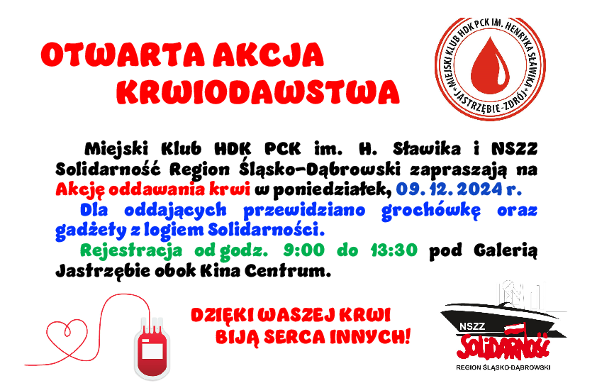 Plakat zachęca do wzięcia udziału w akcji krwiodawstwa.