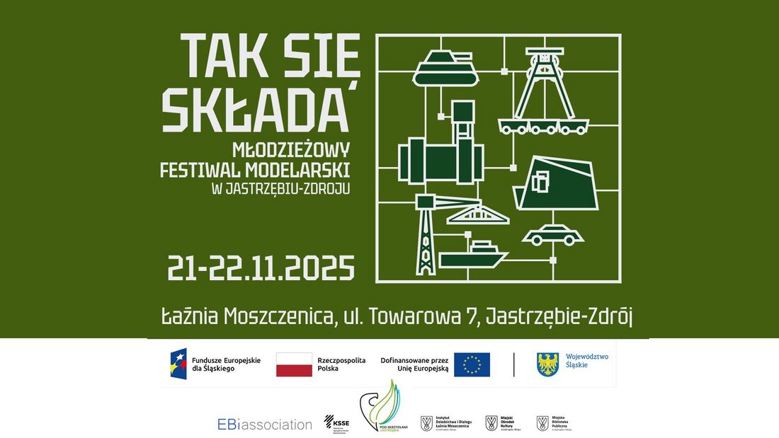 Fundusze Europejskie dla Śląskiego, Rzeczpospolita Polska, Dofinansowanie przez Unię Europejską, Województwo Ślaskie, EBiassociation, KSSE, Pod skrzydłami Jastrzębia, Instytut Dziedzictwa i Dialogu Łaźnia Moszczenica, Miejski Ośrodek Kultury, Miejska Biblioteka Publiczna