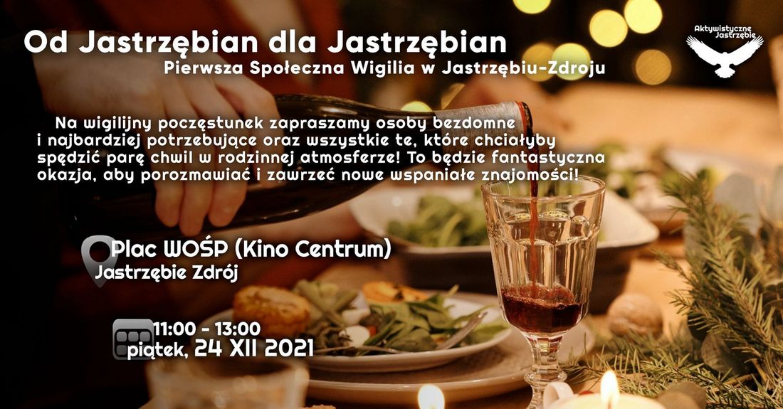plakat organizacji Aktywistyczne Jastrzębie z informacjami na temat społecznej wigilii