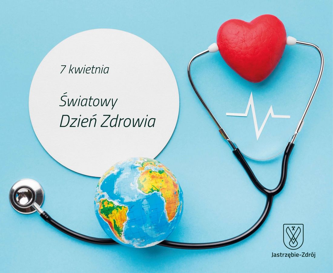 czerwone serce na którym założony jest stetoskop, pod serem linia biała linia EKG na dolnej cześci steteskopu mieści sie mała kula ziemska