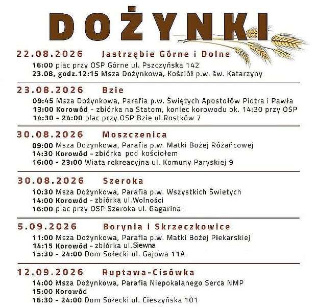Dożynki Osiedlowe Jastrzebie Górne i Dolne 22 sierpnia od godz. 16:00.