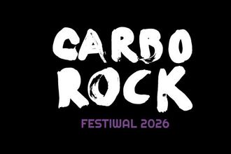 Stegozaurus z fioletową poświatą na czarnym tle oraz napis CARBOROCK