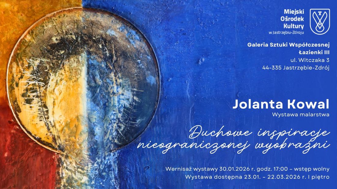 Obraz artystki utrzymany w kolorach niebiesko pomarańczowych na nim informacje dotyczące wystawy, które są zawarte w tekście