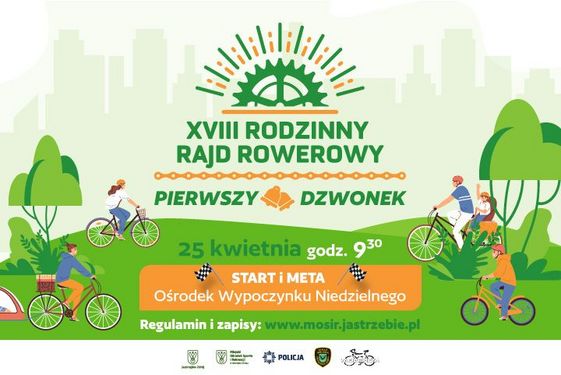 XVIII Rodzinny Rajd Rowerowy „Pierwszy Dzwonek”. 25 kwietnia, godz. 9:30. Start i meta: Ośrodek Wypoczynku Niedzielnego. Regulamin i zapisy: www.mosir.jastrzebie.pl. Ilustracja przedstawia rodziny na rowerach w zielonym parku