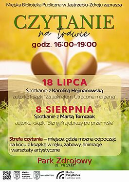 „Czytanie na trawie”, Park Zdrojowy, godzina 16-19. Spotkania autorskie: Marta Tomczok (8 sierpnia). Strefa czytania, warsztaty i animacje