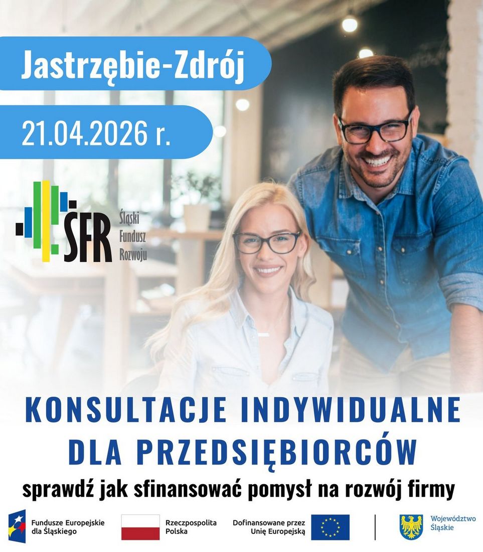 Logotypy Funduszy Europejskich, Rzeczypospolitej Polskiej, Unii Europejskiej oraz Województwa Śląskiego na tle uśmiechniętych osób w biurze oraz napisu konsultacje indywidualne dla przedsiębiorców. Sprawdź jak finansowac pomysł na rozwój firmy